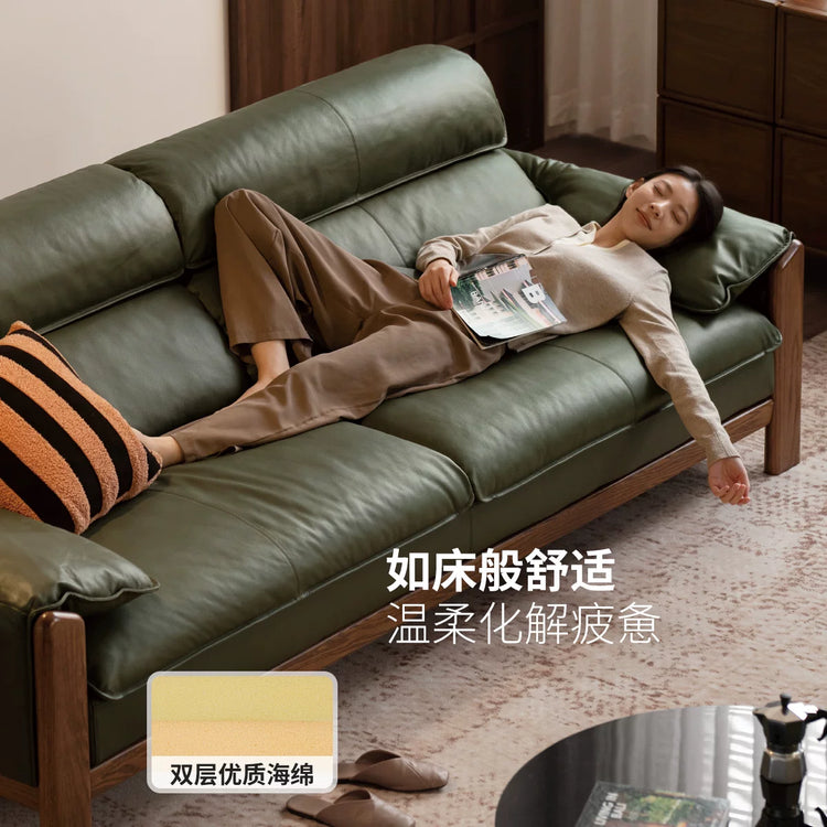 实木客厅意式轻奢真皮沙发小户型胡桃色橡木沙发