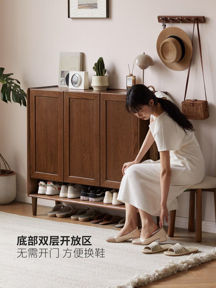 实木门口换鞋柜橡木胡桃色大容量玄关柜靠墙鞋架