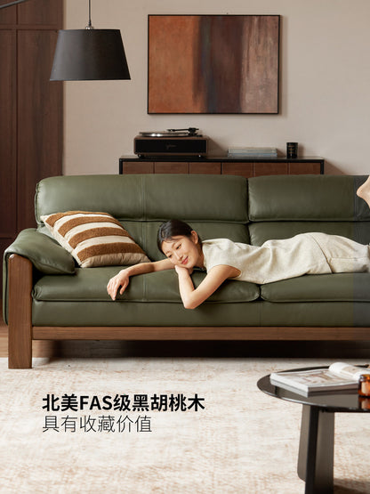 实木客厅意式轻奢真皮沙发黑胡桃木小户型直排沙发