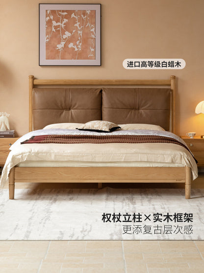 实木床卧室复古真皮床互不打扰软靠床白蜡木双人床