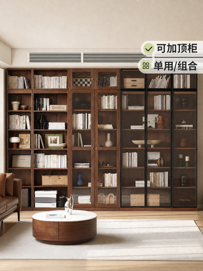 实木满墙书柜书房落地自由组合展示柜黑胡桃木收纳柜
