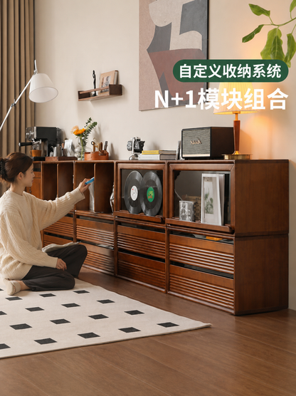 实木电视柜中古落地收纳储物柜一体客厅复古模块组合地柜