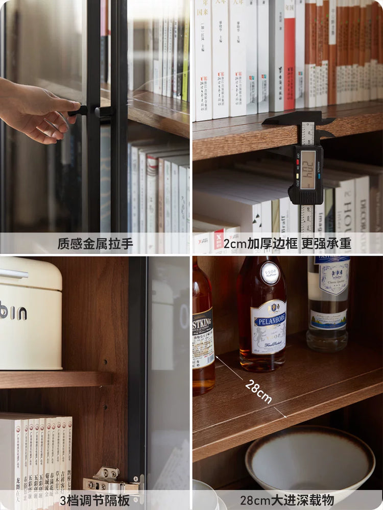 实木书柜现代带玻璃门展示柜北欧简约橡木落地置物柜书架
