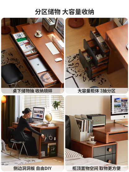 实木书桌小户型书房伸缩办公桌中古风电脑桌梳妆台