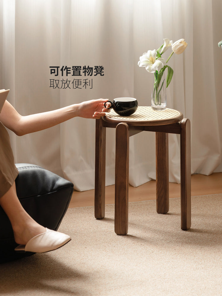 实木圆凳餐厅复古藤编小户型堆叠凳胡桃色小凳子