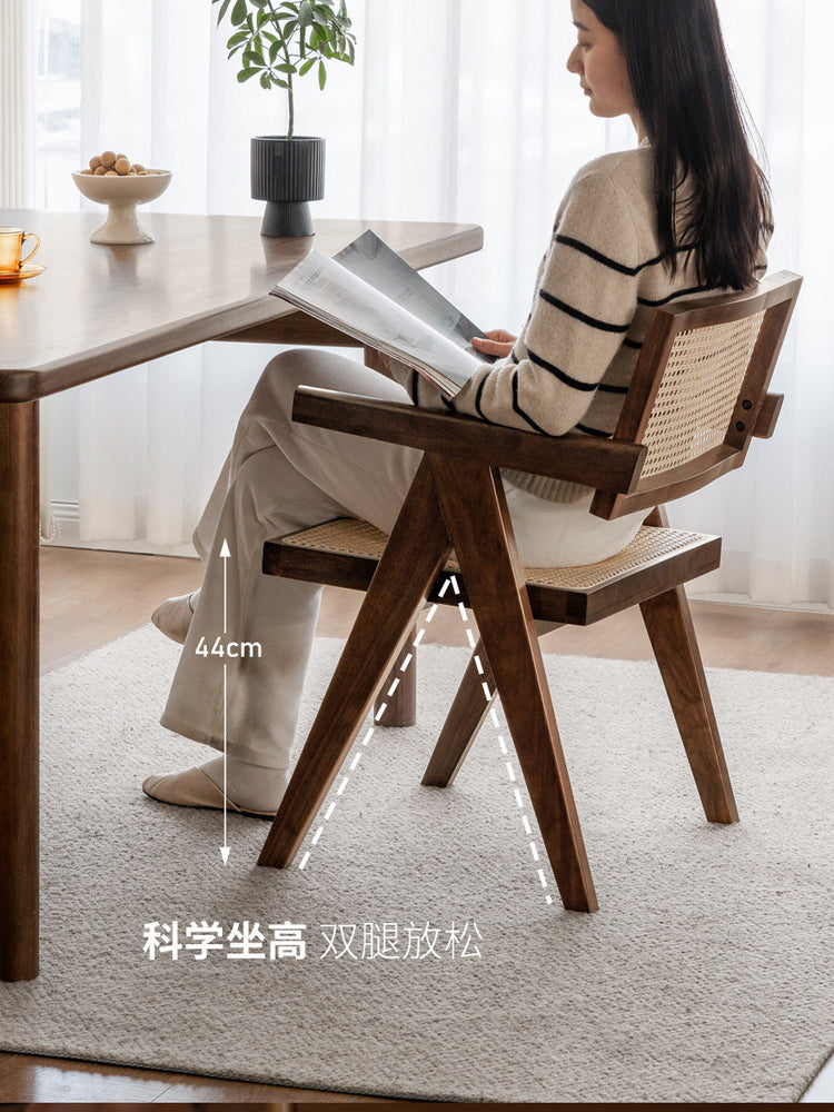 实木餐椅黑胡桃木扶手椅餐厅侘寂风藤编椅靠背椅子