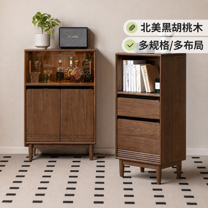 实木边柜现代简约电视柜展示柜客厅储物柜黑胡桃木书柜
