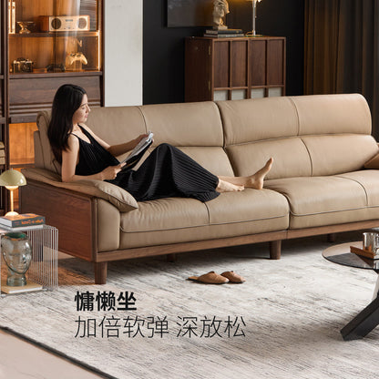 实木现代简约高靠背黑胡桃沙发客厅小户型真皮沙发