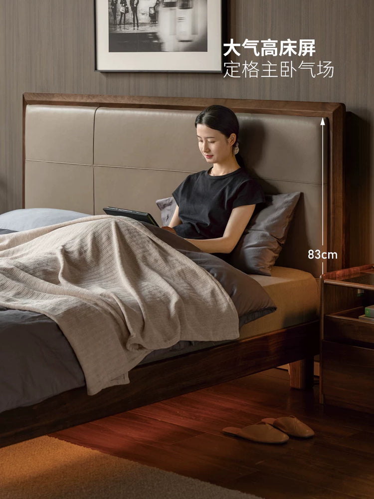 实木床意式轻奢真皮床卧室黑胡桃木软靠床多功能夜光床