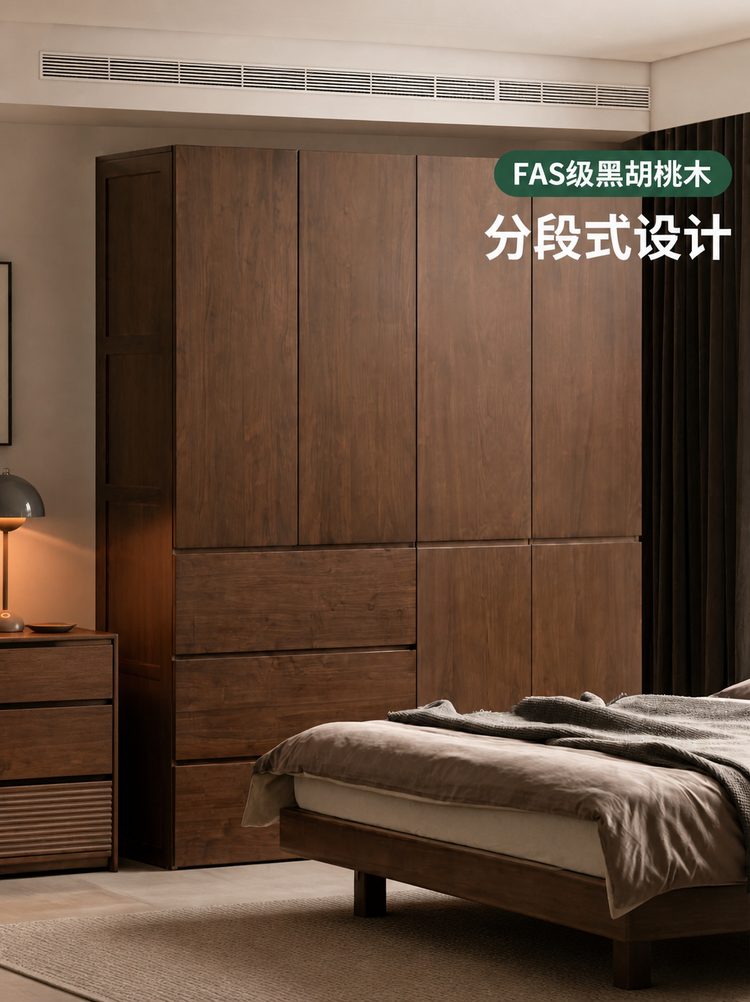 实木衣柜意式轻奢衣橱卧室黑胡桃木储物柜开门收纳柜