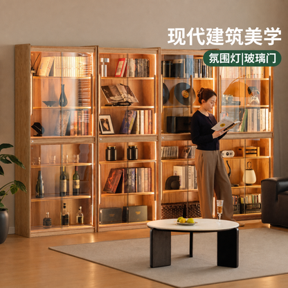 实木书柜现代简约书房展示柜收纳柜橡木玻璃柜置物柜