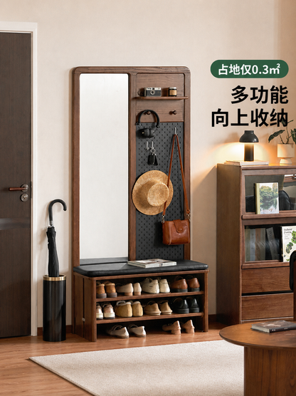 实木换鞋凳客厅胡桃色门口橡木入门玄关柜衣帽架一体