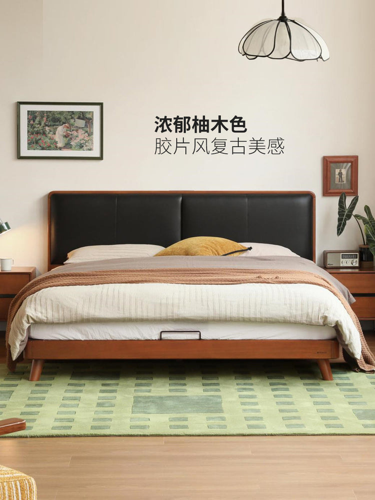 实木床复古软包床多功能白色软靠床柚木色悬浮床卧室家具