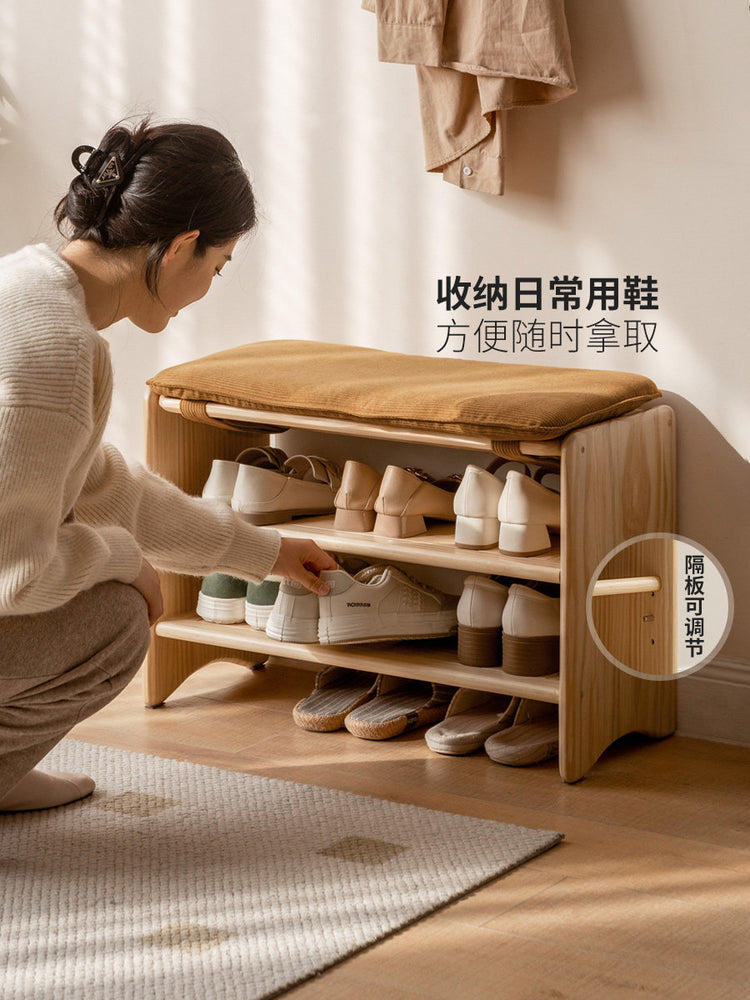 实木换鞋凳简约玄关多层原木鞋架小户型客厅软包穿鞋凳