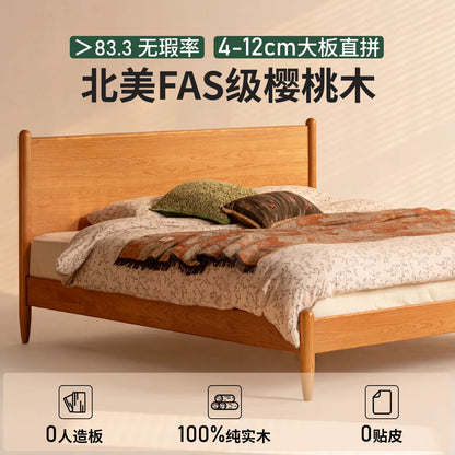 实木床现代简约樱桃木双人床日式卧室床1.5米床复古家具