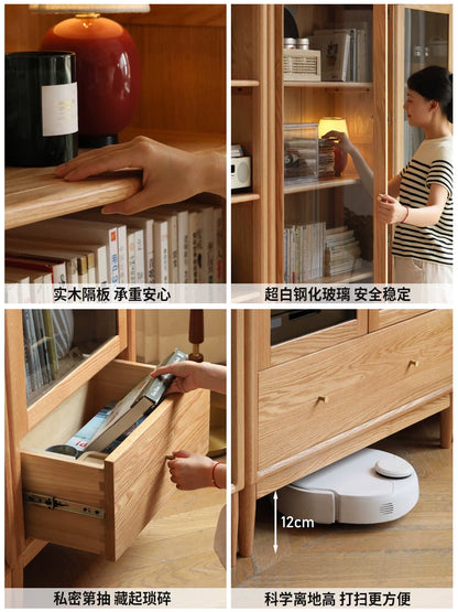 实木书柜现代简约书房橡木置物柜玻璃门一体展示柜