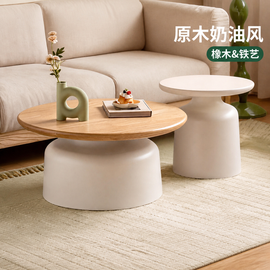 实木茶几客厅原木奶油风茶桌边几橡木组合大小圆几
