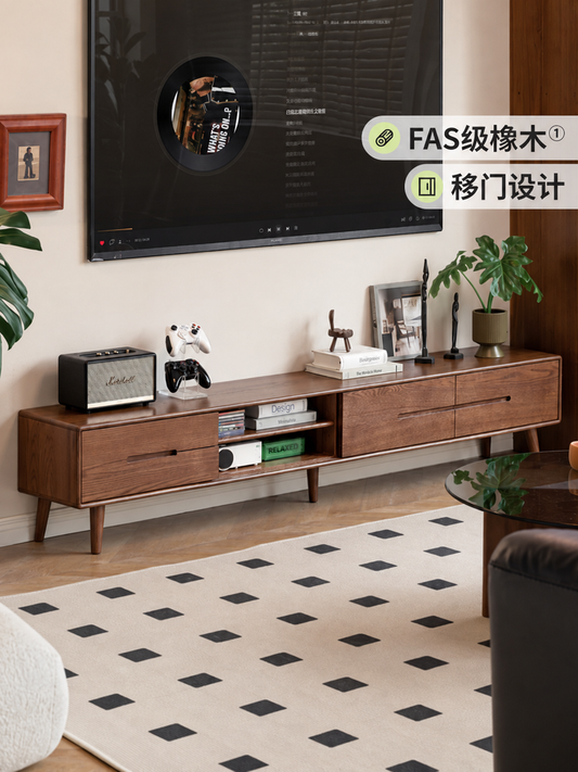 全实木移门电视柜简约橡木矮柜北欧地柜小户型客厅储物柜