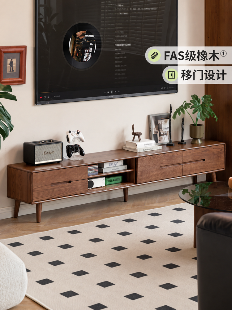 全实木移门电视柜简约橡木矮柜北欧地柜小户型客厅储物柜