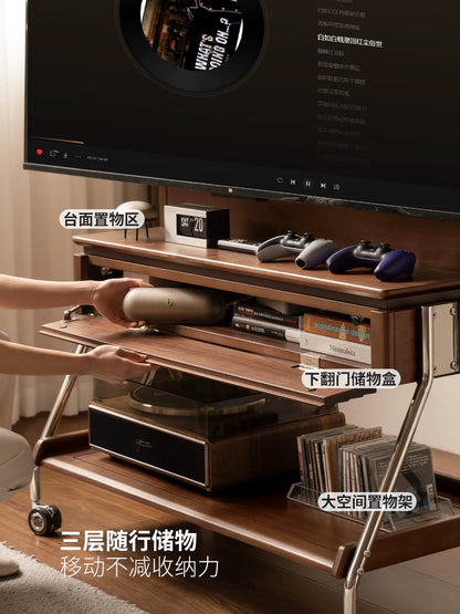 实木电视机支架客厅中古黑胡桃木多功能可移动电视柜挂架