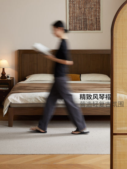 实木床意式轻奢大板床卧室黑胡桃木双人床复古风大床