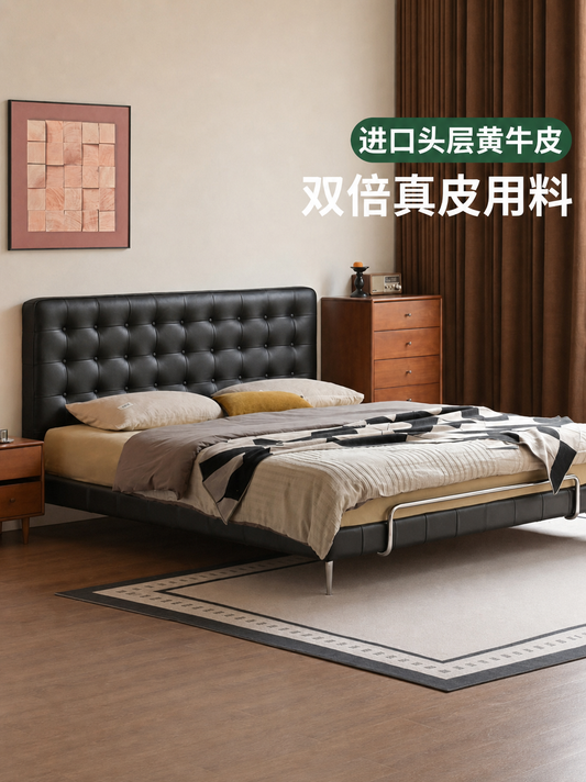 皮艺床意式轻奢全真皮床卧室包豪斯齐边床黑色双人床