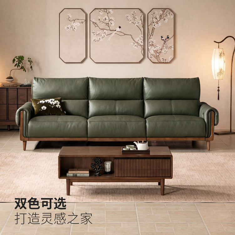 皮艺意式轻奢白蜡木直排沙发客厅黑色真皮沙发
