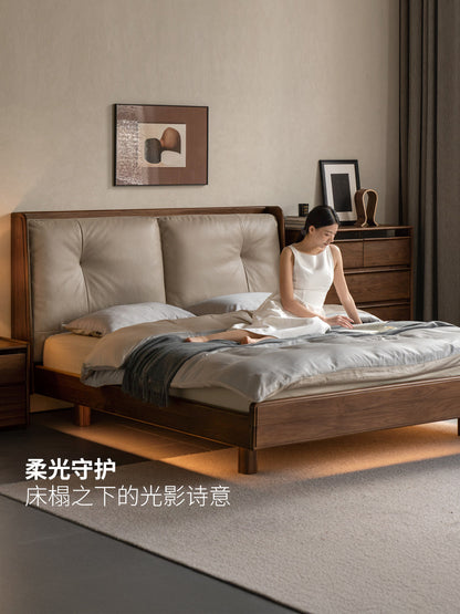实木床意式轻奢真皮床卧室黑胡桃木悬浮床黑标软靠床