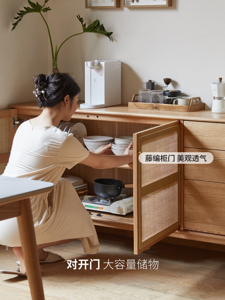 实木餐边柜藤编储物柜现代简约置物架靠墙茶水柜收纳柜