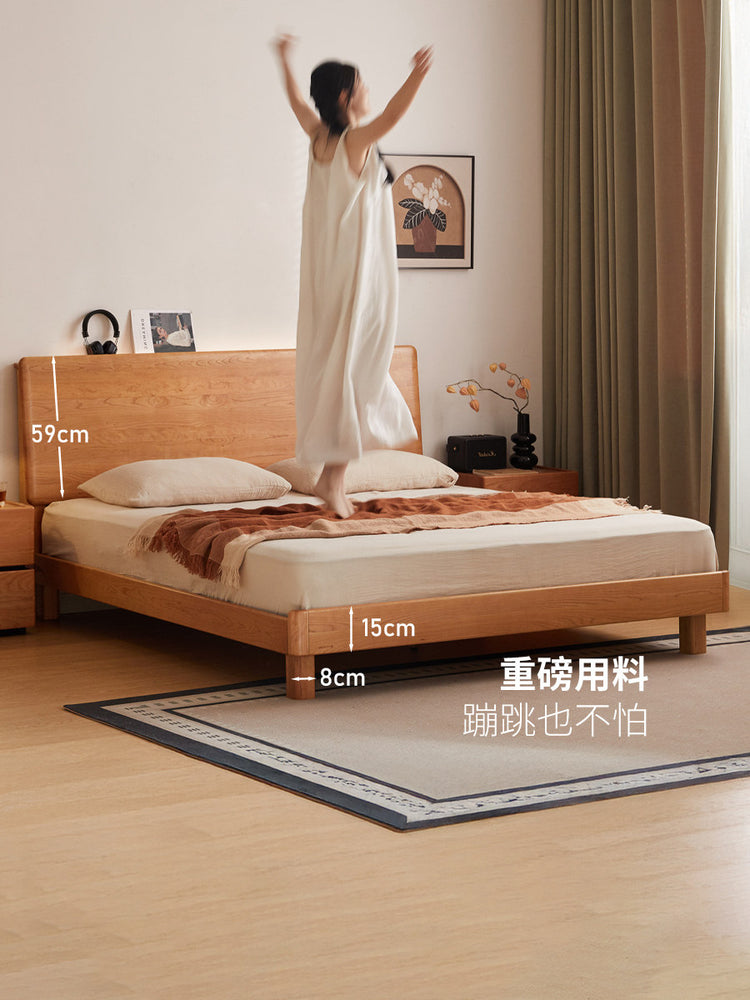 实木床现代简约大板床卧室樱桃木夜光床多功能双人床