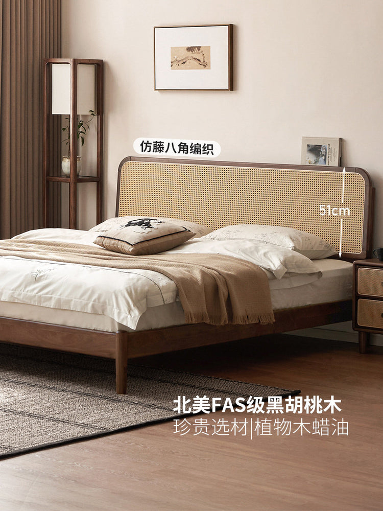 实木床新中式藤编床卧室黑胡桃木大板床小户型双人床