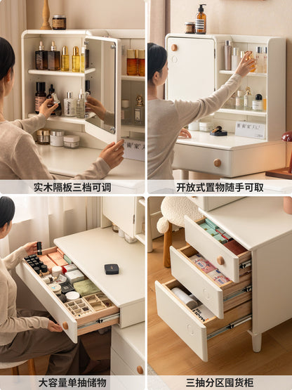 实木化妆桌卧室奶油风斗柜化妆台一体白色伸缩梳妆台