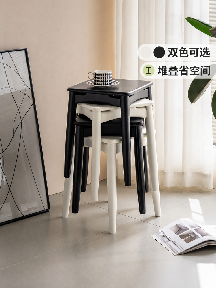 实木方凳餐厅现代简约餐凳可叠放板凳耐用黑色凳子