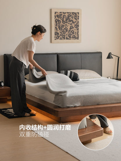 实木床简约真皮软包双人床家具卧室黑胡桃地台床悬浮大床