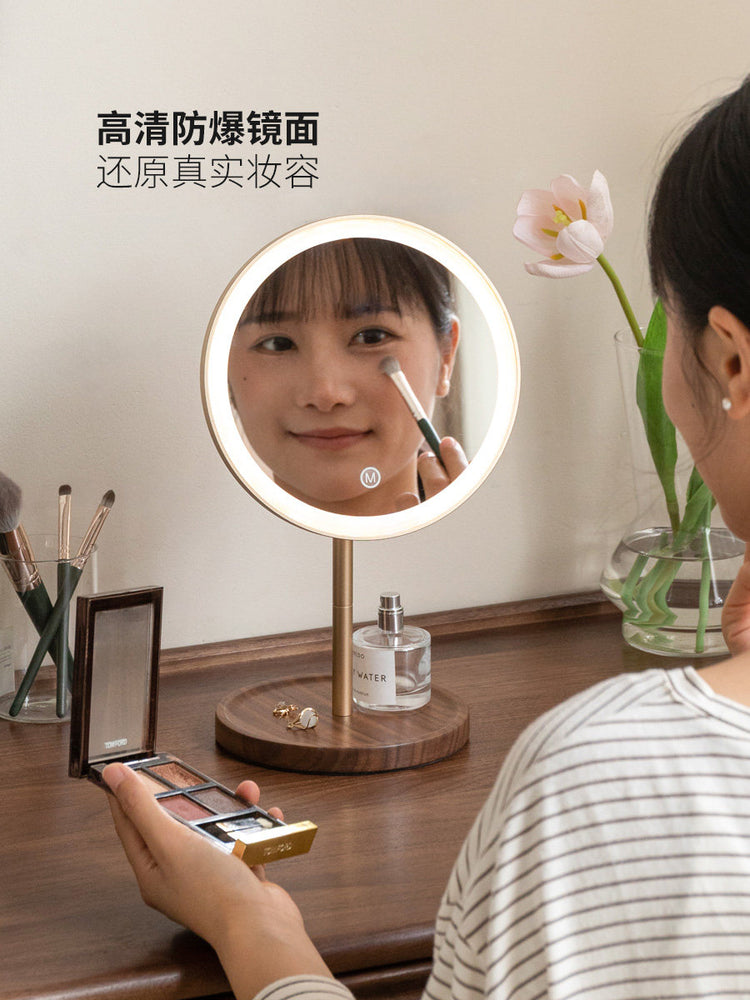 实木化妆镜子桌面高级带灯梳妆镜卧室防爆LED补光高清镜