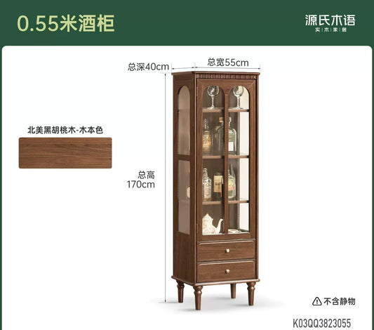实木酒柜餐厅美式复古展示柜黑胡桃木置物柜玻璃柜子
