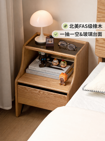 实木床头柜简约卧室床边柜原木风玻璃柜橡木储物柜