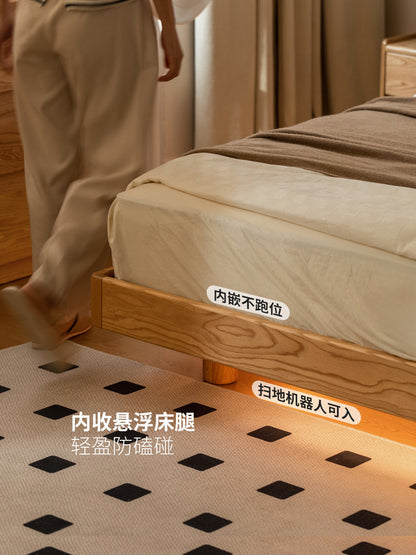 实木床现代简约卧室悬浮床日式原木色床头可置物双人床