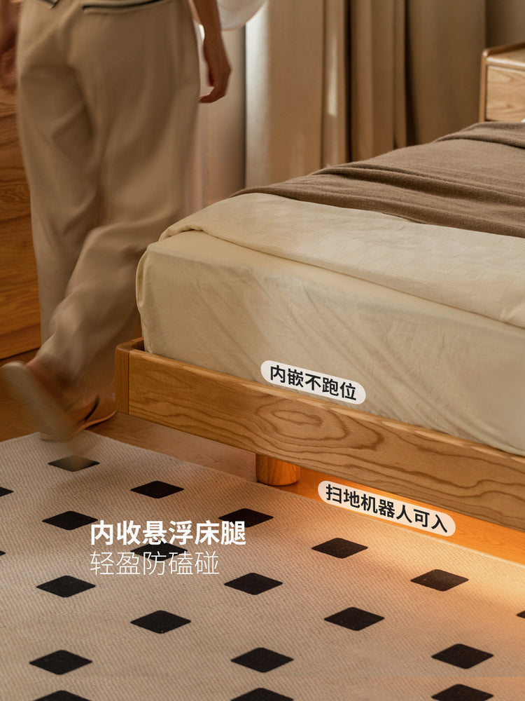 实木床现代简约卧室悬浮床日式原木色床头可置物双人床