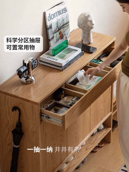 Solid Wood Shoe Cabinet with Drawers and Adjustable Shelves