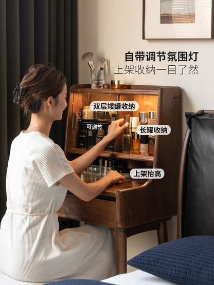 实木梳妆台书桌一体卧室黑胡桃木化妆桌小户型带灯化妆台