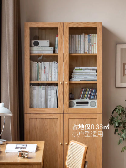 实木书柜书房简约书架置物柜一体橡木玻璃门落地柜
