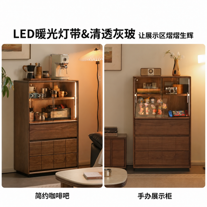 实木边柜客厅现代简约收纳储物柜黑胡桃木落地带灯展示柜