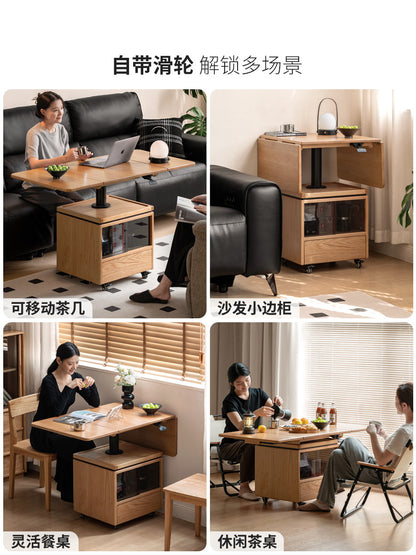 实木茶几现代简约升降客厅橡木折叠方几移动茶桌