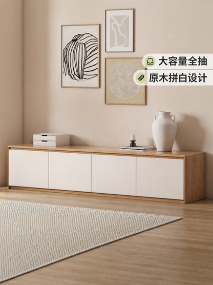 实木电视柜现代简约白色收纳储物柜一体原木落地电视机柜