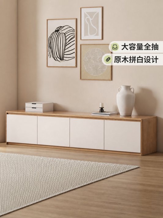 实木电视柜现代简约白色收纳储物柜一体原木落地电视机柜