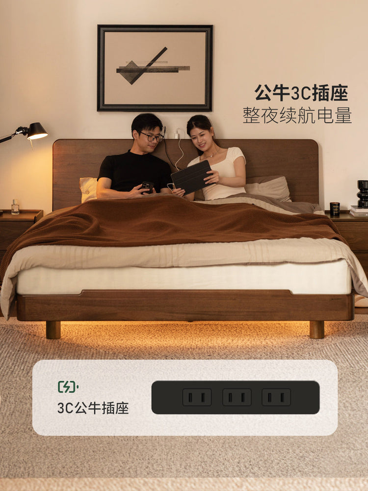 实木床现代简约夜光床卧室多功能悬浮床床1米8双人床