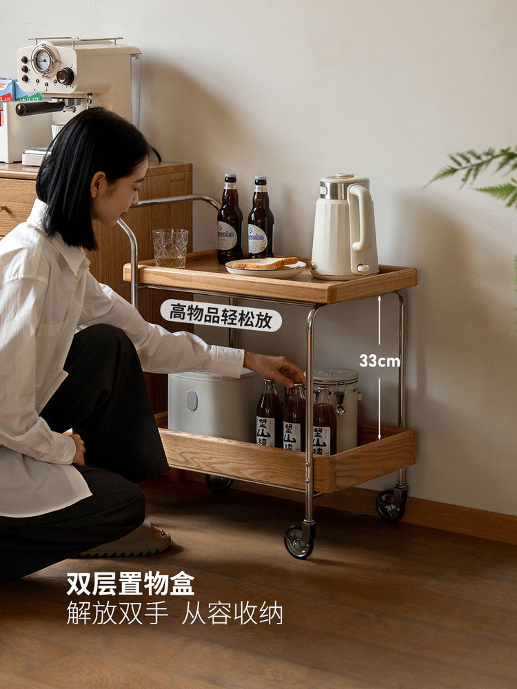 实木边几现代简约双层收纳小茶几橡木小户型移动小推车