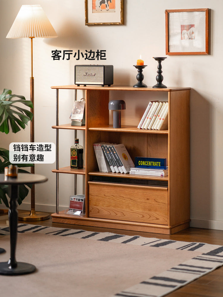 实木书柜小户型复古隔断柜樱桃木书架展示柜客厅边柜