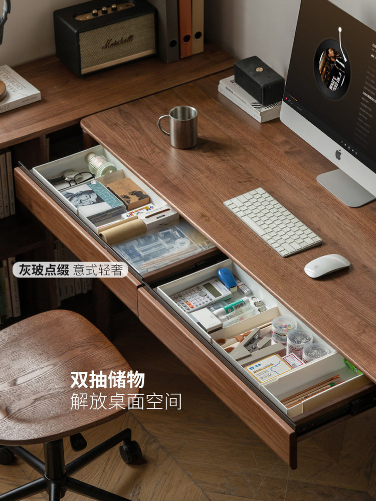 实木书桌轻奢黑胡桃木电脑桌带抽办公桌书房学习桌子